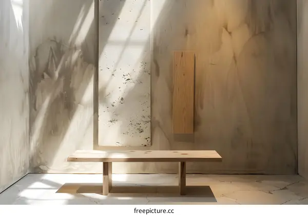 Minimalist Interior Design with Wooden Bench and Concrete Walls