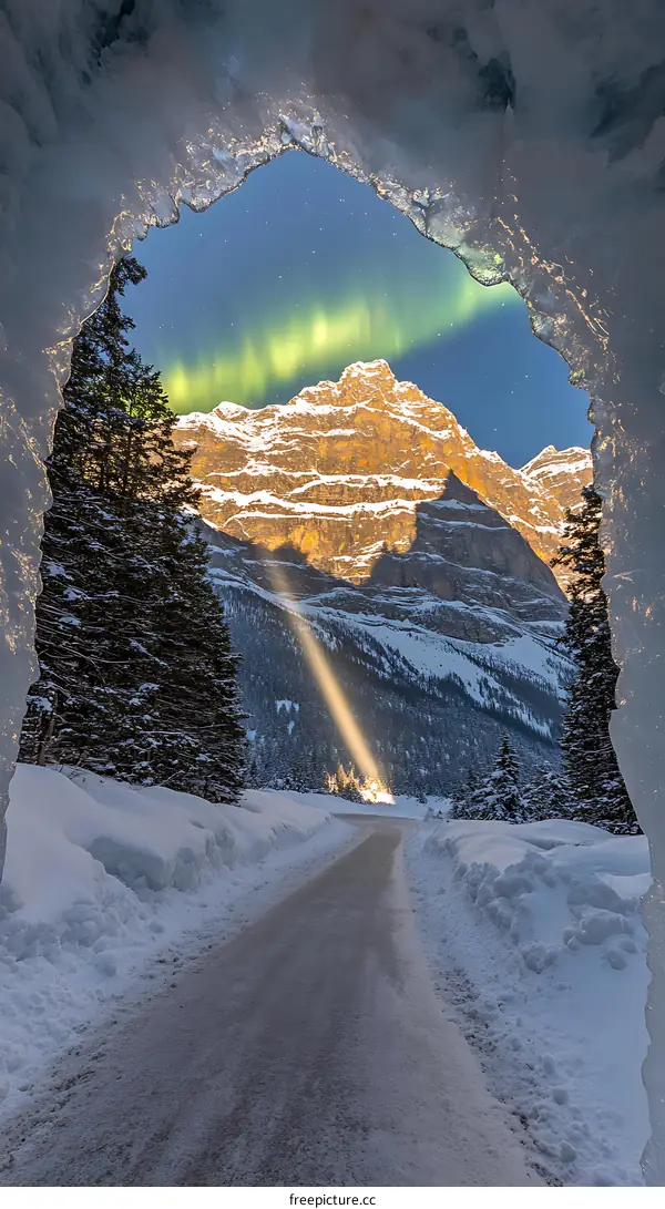 Aurora Borealis Over Snowy Mountain Pass Through Ice Cave