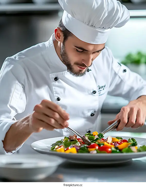 Chef Preparing Fresh Salad With Vegetables