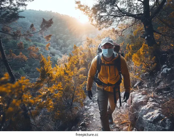 Man hiking in the mountains wearing a face mask