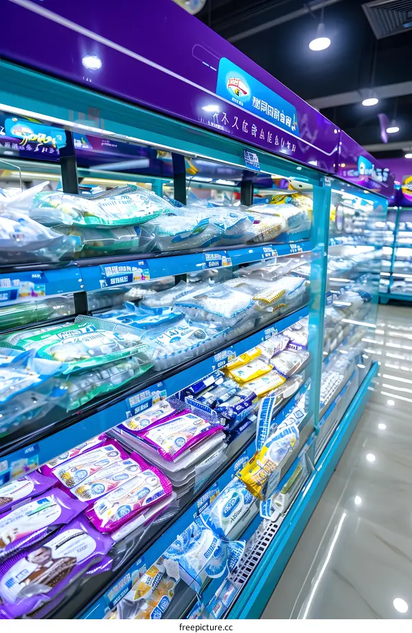 Store Shelf Filled With Products In Packages