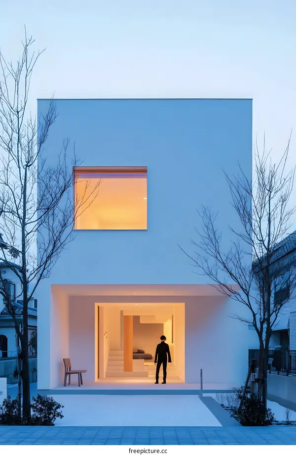 Modern Minimalist House Design with a Single Person Standing in Front of the Open Entrance