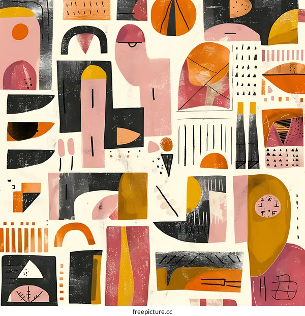 Abstract Geometric Shapes Illustration with Pink, Yellow, and Orange Colors
