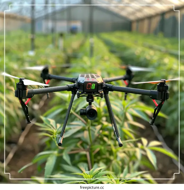 A drone is flying over a cannabis field to spray pesticides