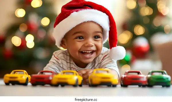 Joyful Baby in Santa Hat with Christmas Toys