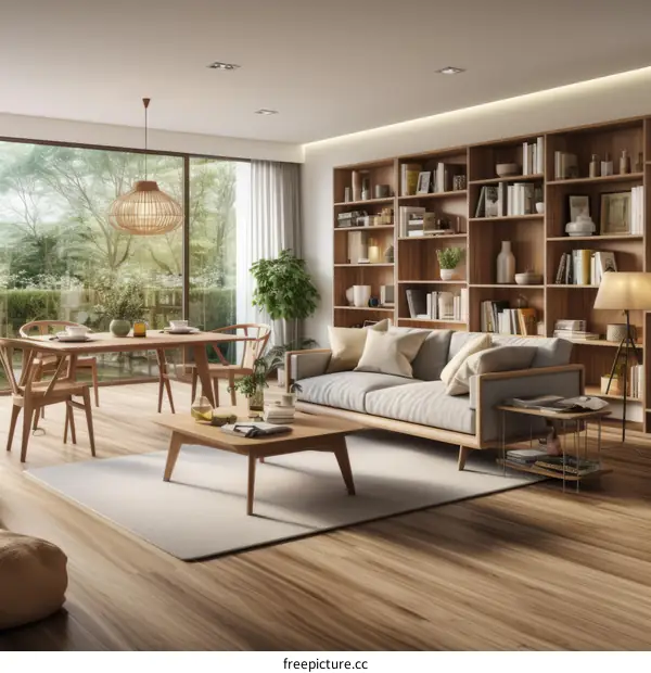 Spacious Living Room with Bookshelf, Dining Table, and Sofa
