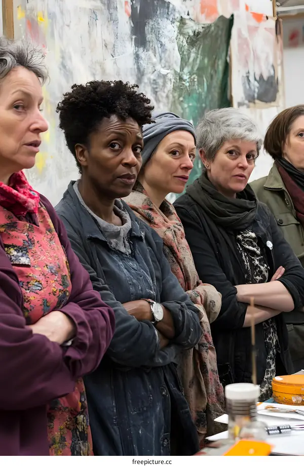 Group of Women Artists Looking at Artwork in Studio