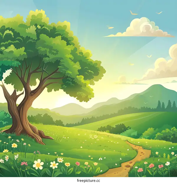 Green Meadow Landscape With Path and Mountain View