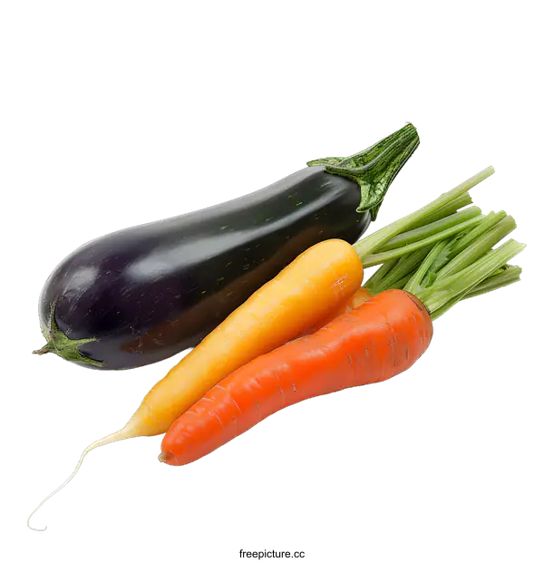 [Transparent Background PNG]Fresh Eggplant Carrots and Green Tops Isolated on White Background