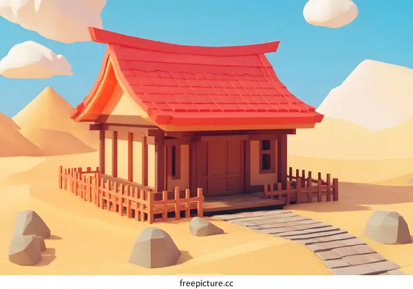 Low Poly 3D Japanese House in Desert