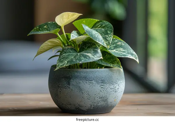 Variegated Pothos Houseplant in Gray Pot