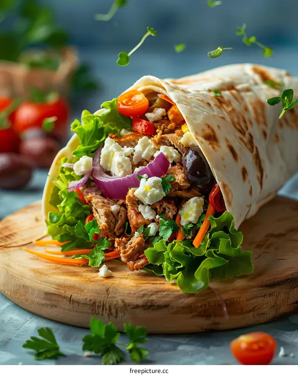 Fresh and tasty doner kebab wrap with falling ingredients