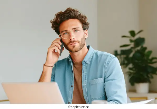 Caucasian Man Talking on Phone at Desk