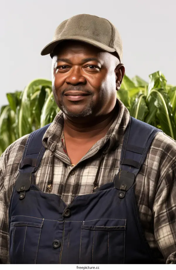 Portrait of a black male farmer wearing a hat and suspenders