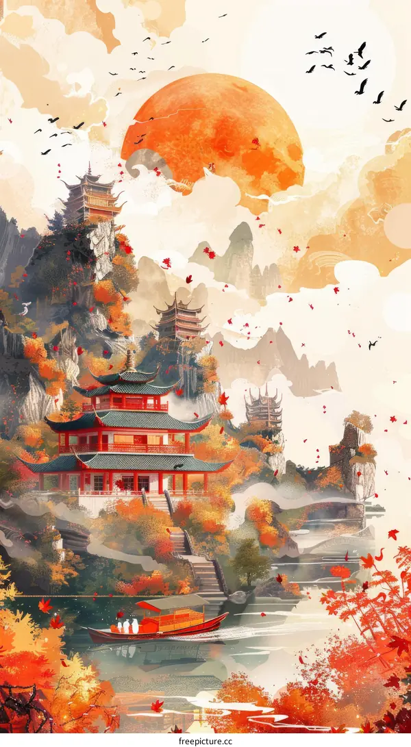 Oriental Building And Mountain Landscape - Red Autumn Forest