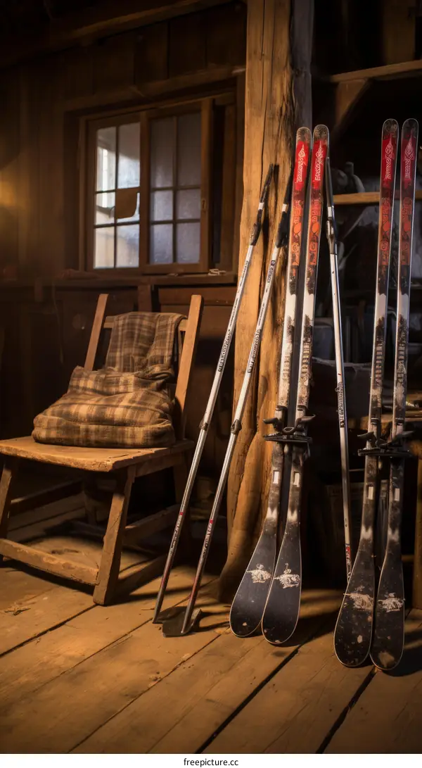 skis and poles in a cabin