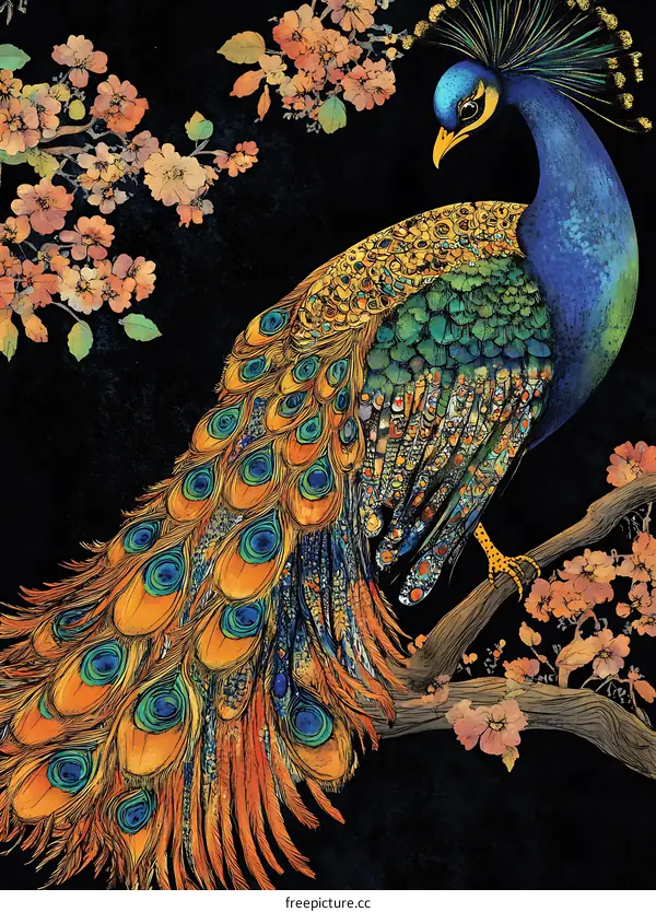 Peacock with Colorful Tail Feathers on a Branch with Pink Flowers