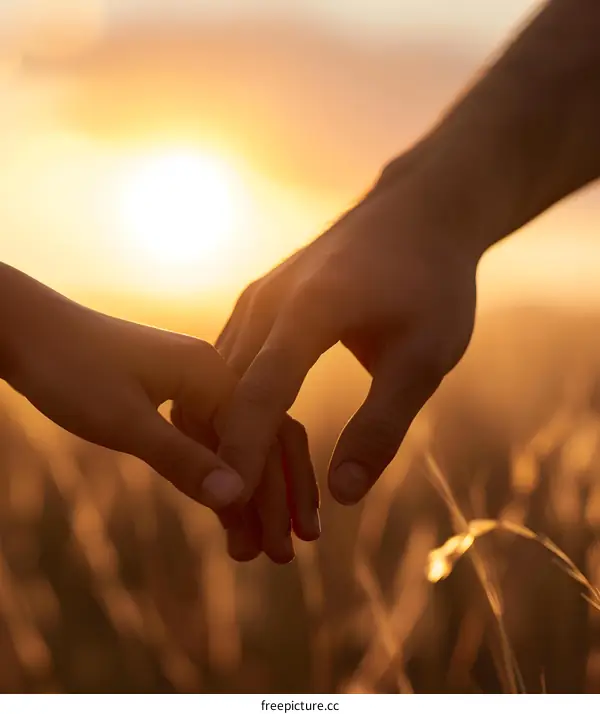 Holding Hands At Sunset In A Field