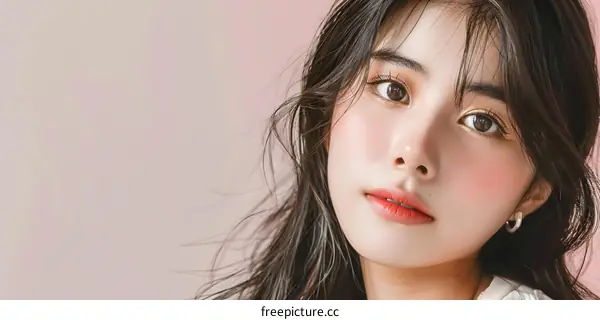 Beautiful Asian Woman Portrait with Soft Makeup and Pink Background