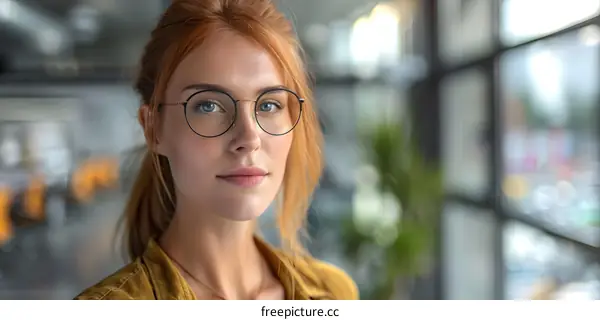 portrait of a young woman wearing glasses and a brown jacket