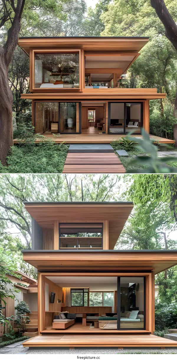 Modern Wooden House with Large Windows and Sliding Doors