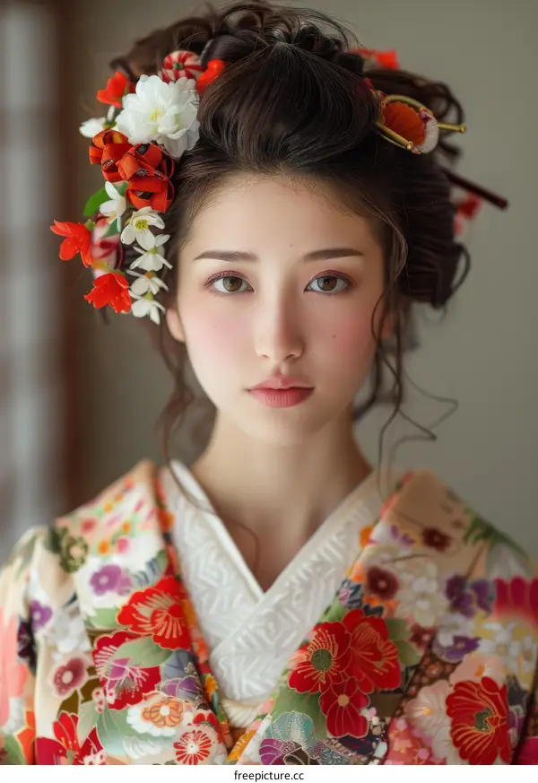Portrait of a beautiful Japanese woman in traditional kimono