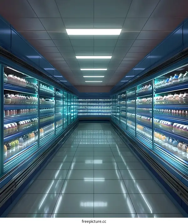 Empty Supermarket Aisle With Products On Shelves