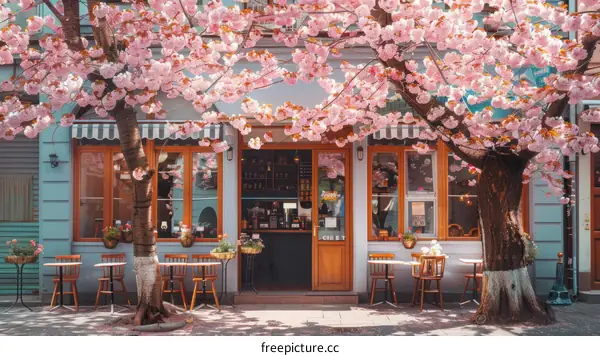 Charming Coffee Shop with Blooming Cherry Blossom Trees in Spring