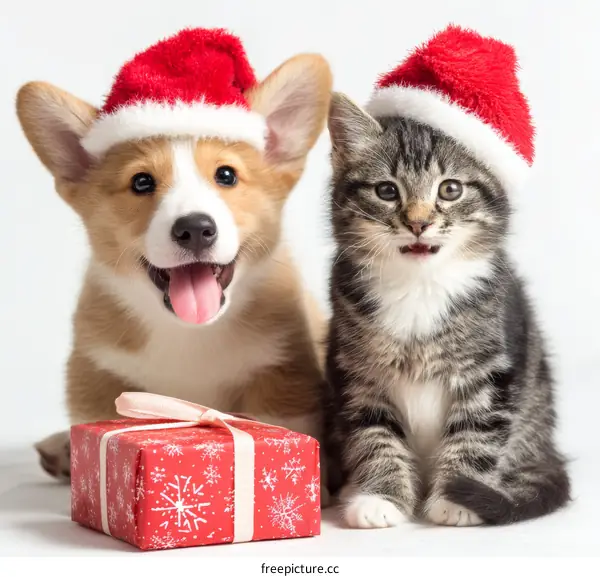 Christmas Puppies and Kittens with Gift