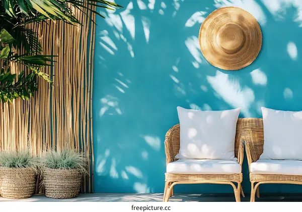 Blue Wall With Wicker Chairs And Palm Tree Shadows