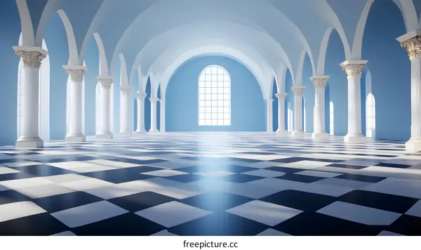 White Columns and Checkered Floor in a Blue Hallway