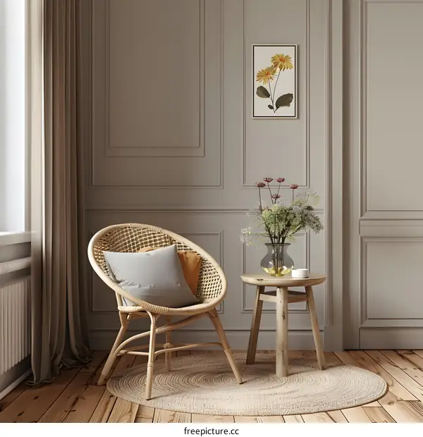 Modern Interior Design with Wicker Chair and Floral Decor