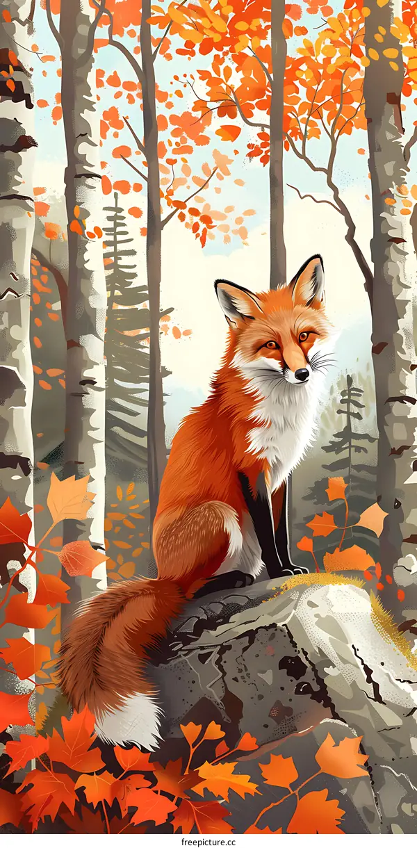 Red Fox Sitting in Autumn Forest