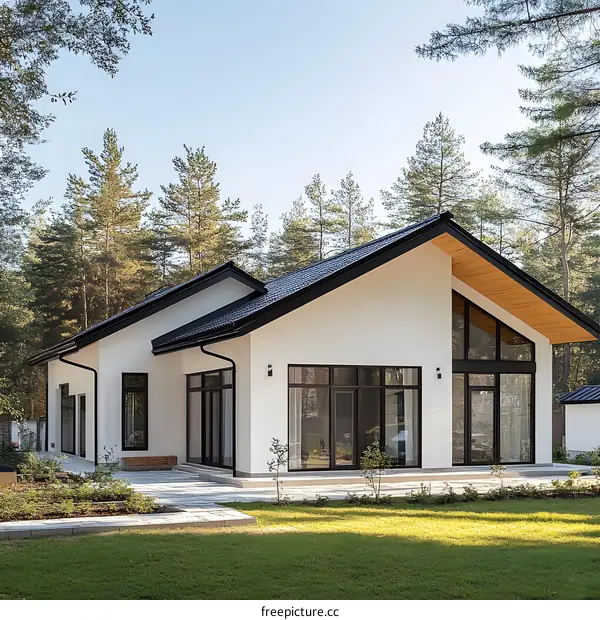 Modern White House with Large Windows and a Wooden Roof