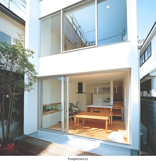 Modern Minimalist Home Design with Large Windows and Wooden Patio