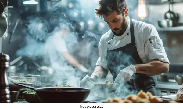 Chef is cooking in a restaurant kitchen