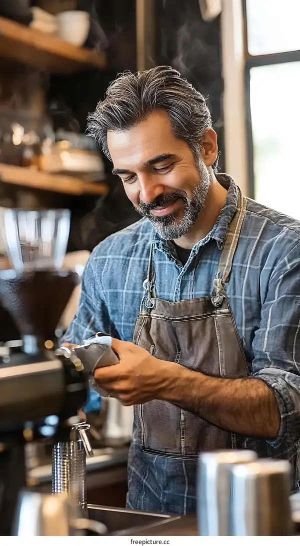 Smiling Barista Making Coffee in a Cafe
