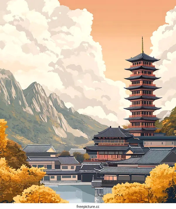 Traditional Chinese Architecture Illustration with Pagoda and Mountain Scenery