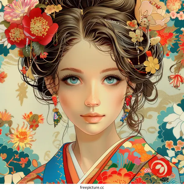 portrait of a beautiful woman in a kimono with flowers in her hair