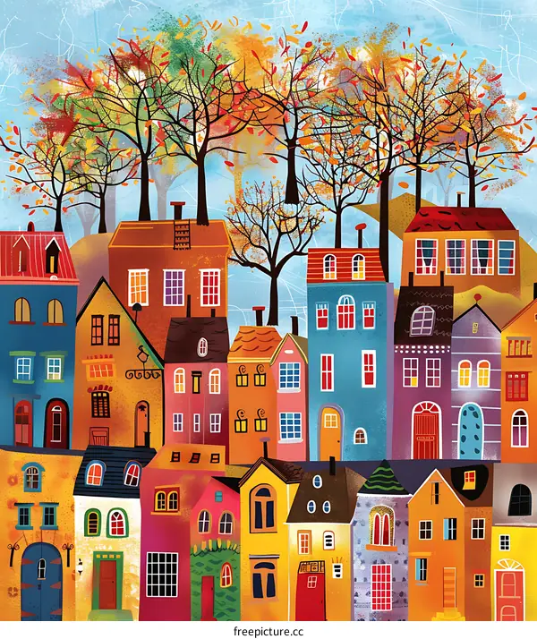 Colorful Autumn Town Illustration