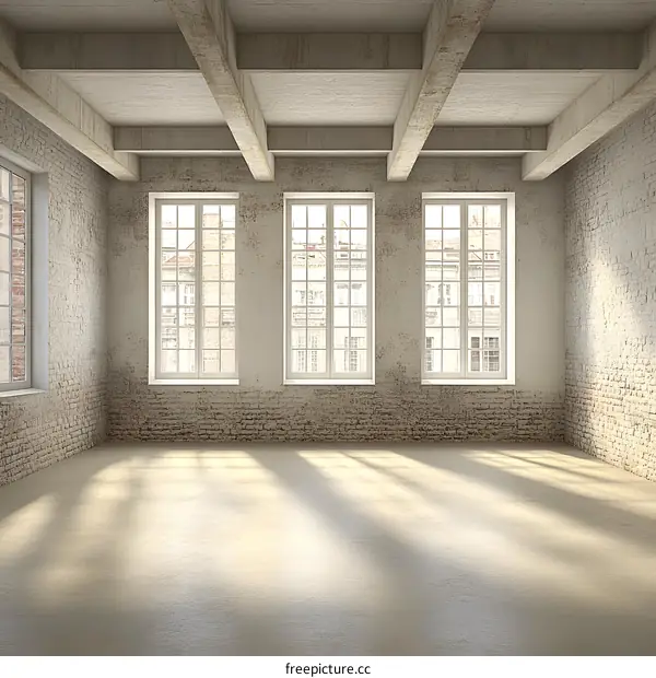Empty Loft Room With Three Windows