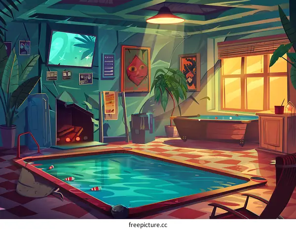 Cartoon Illustration of Indoor Pool and Bathtub