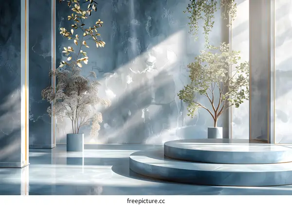 Blue-Green Wall Display Stand with Architectural Shadow Geometry