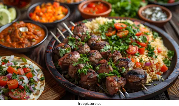 Grilled meat skewers with rice and vegetables