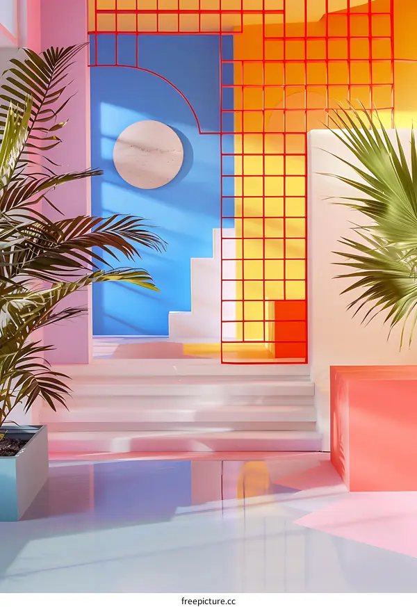 Abstract Minimalist Room with Colorful Walls and Palm Trees