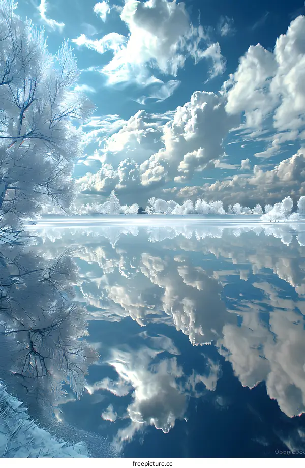 A frozen lake and snow-covered trees are reflected on the water