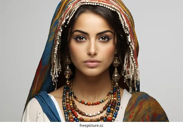 Portrait of a young woman in traditional headscarf and jewelry