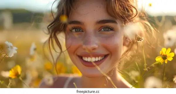 portrait of a smiling young woman with freckles and brown hair standing in a field of yellow and white flowers