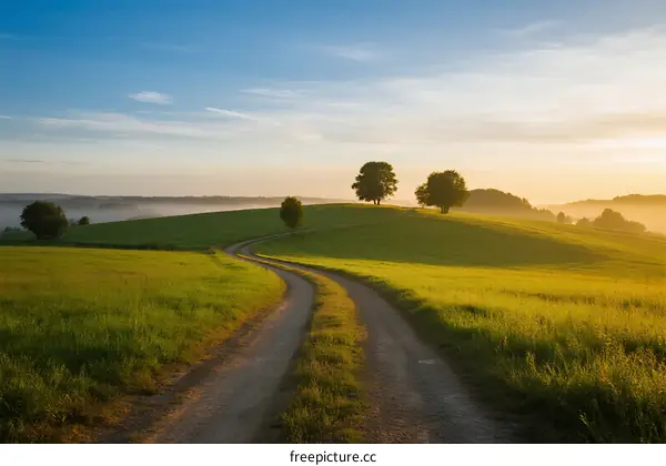A peaceful country road surrounded by green fields under a clear sky