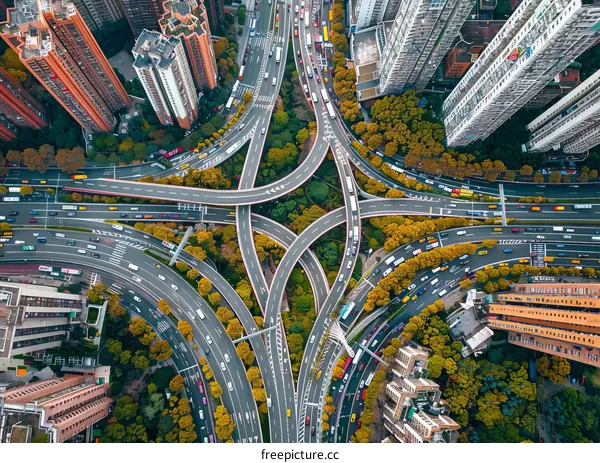 Urban Road Interchange with Heavy Traffic Aerial View